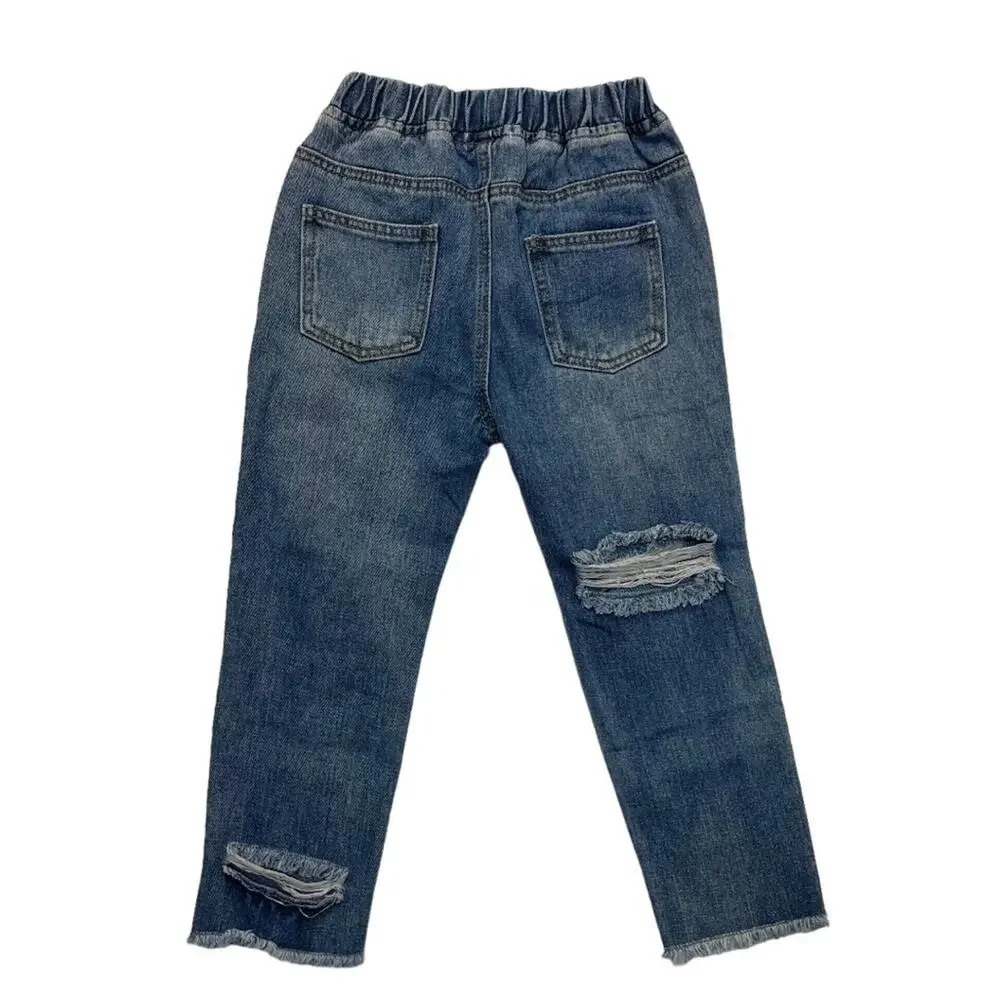 Trendy Littles Girls Distressed Jeans 6-7 Boyfriend Fit Raw Hem Elastic Waist